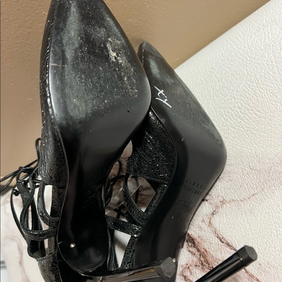 Stuart Weitzman Black Patent Leather Excite Pointy Toe Lace Up Pumps 6.5 M. - Picture 8 of 11
